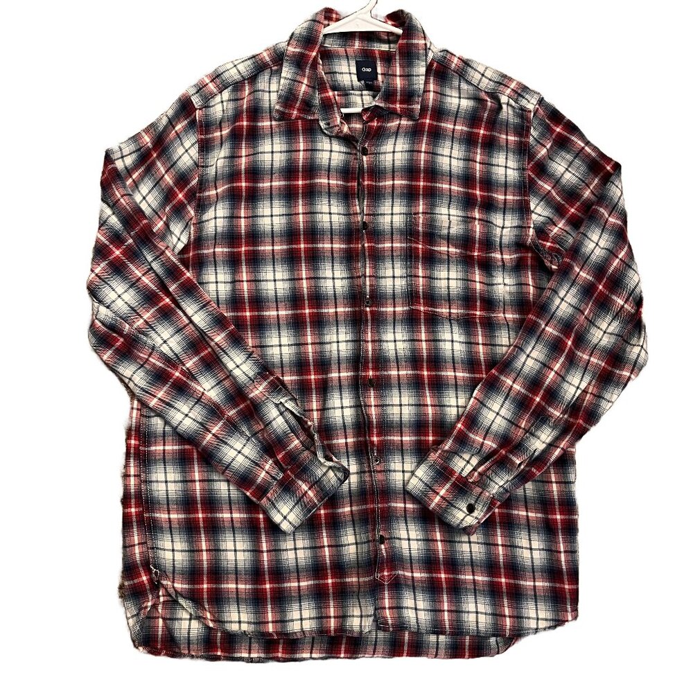 Gap Men's Long-Sleeved Flannel Button-Down Shirt Size Large Red White Plaid